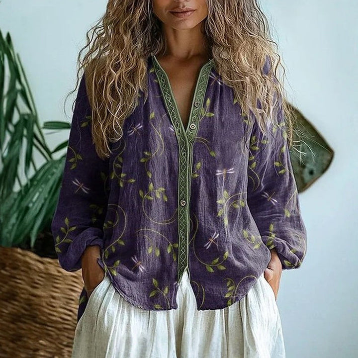 Alexine | Printed V-Neck Long Sleeve Blouse