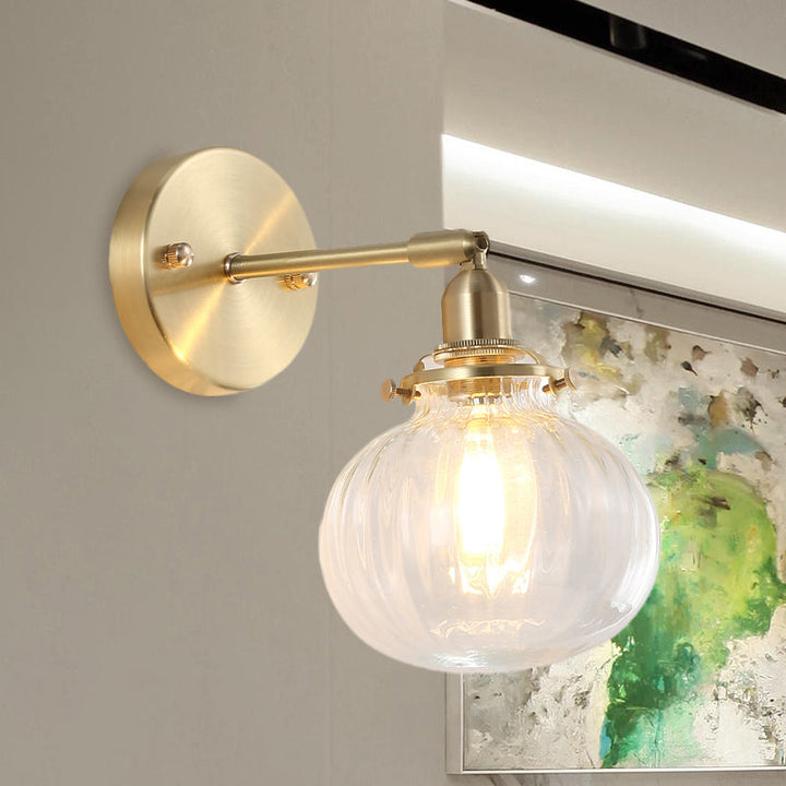 1 Head Wall-Mounted Lamp Colonial Orb Clear/Cognac Prism Glass Wall Light Lighting Fixture in Gold | Karnz