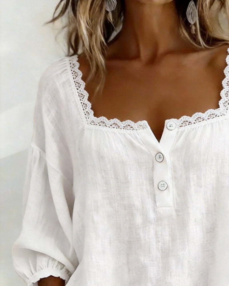 Rhonda | Square Neck Lace Blouse with Puff Sleeves