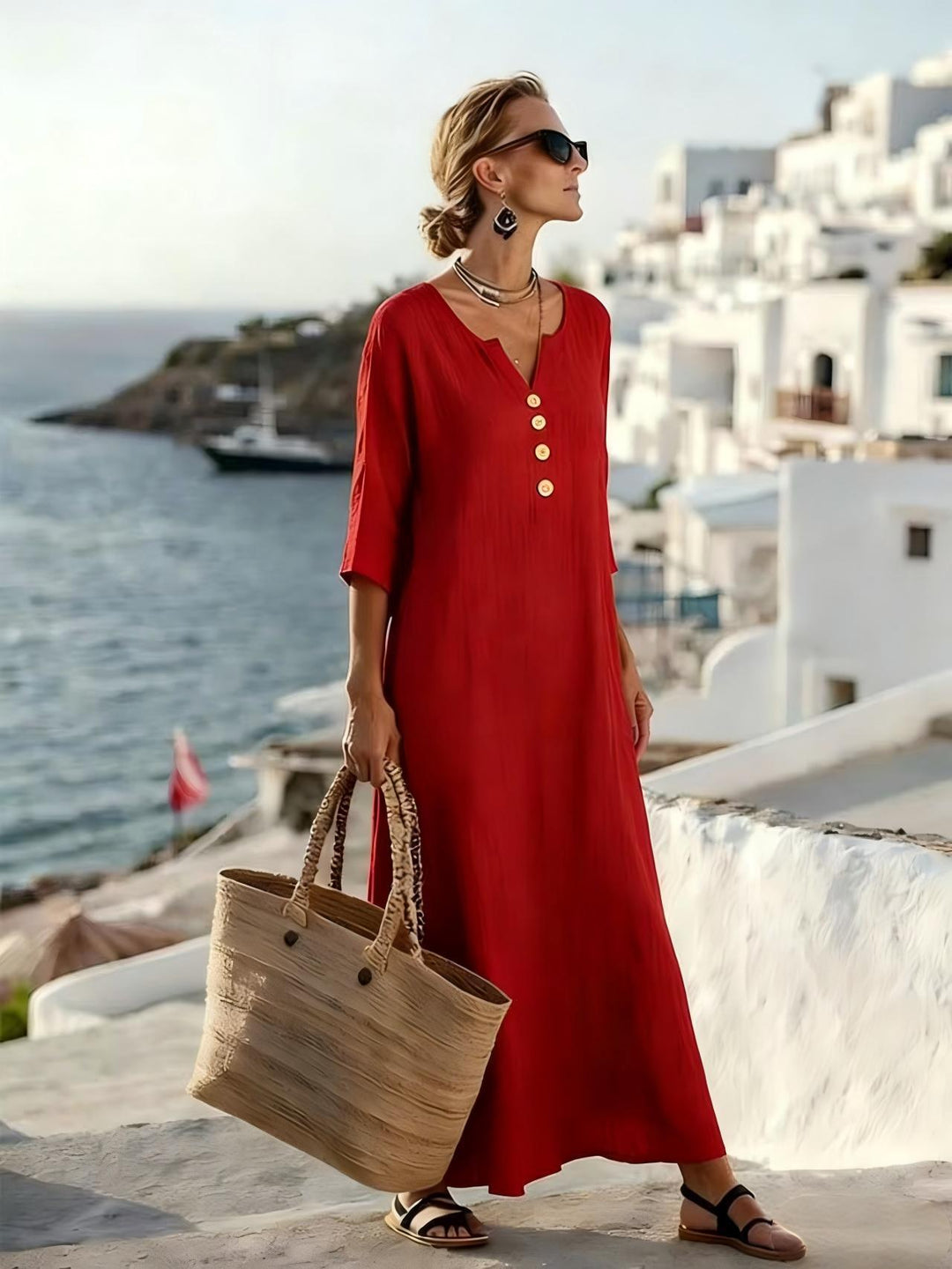 Catalina | Cotton Linen Buttoned Dress with 3/4 Sleeves, Loose Fit, Elegant