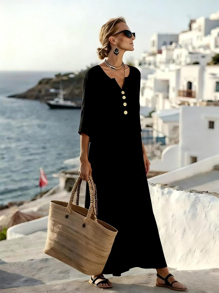 Catalina | Cotton Linen Buttoned Dress with 3/4 Sleeves, Loose Fit, Elegant