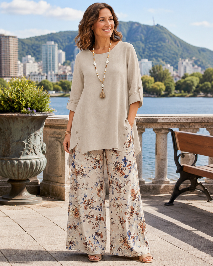 Clara | Cotton-Linen Set with Tunic and Floral Pants