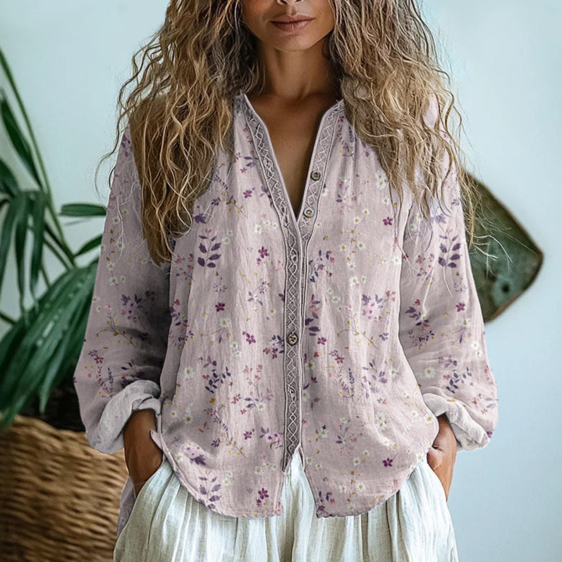 Alexine | Printed V-Neck Long Sleeve Blouse
