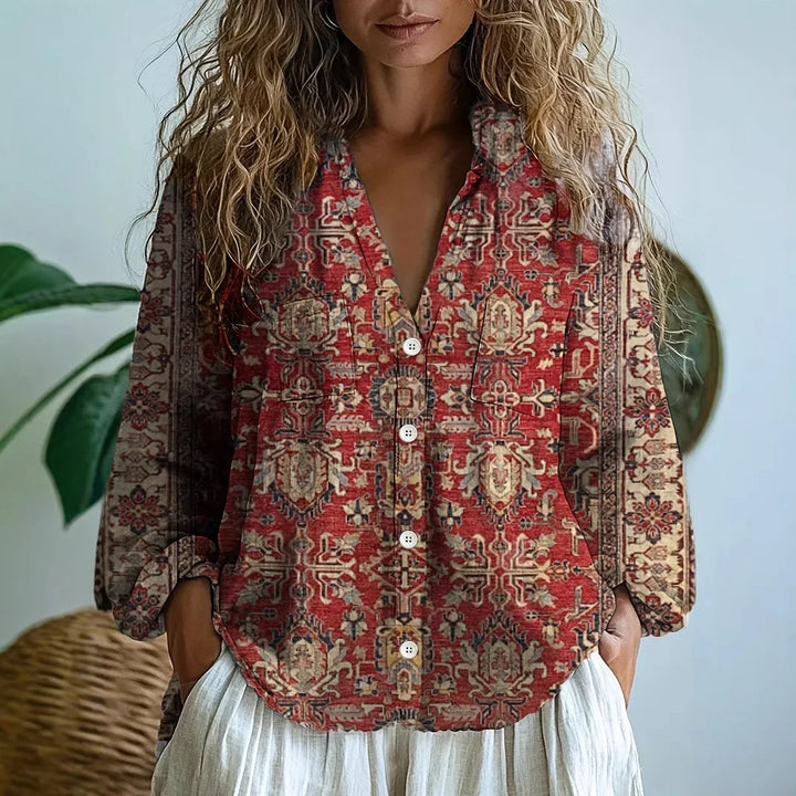 Alexine | Printed V-Neck Long Sleeve Blouse