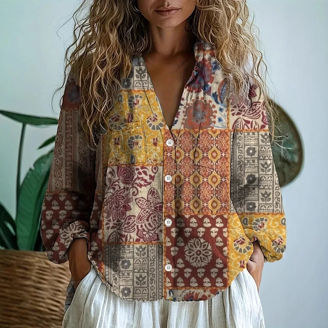 Alexine | Printed V-Neck Long Sleeve Blouse