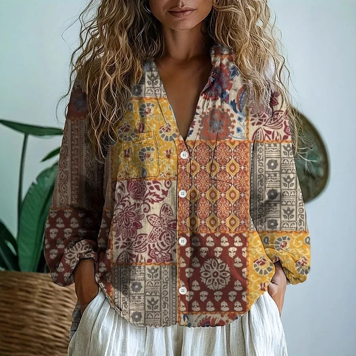 Alexine | Printed V-Neck Long Sleeve Blouse
