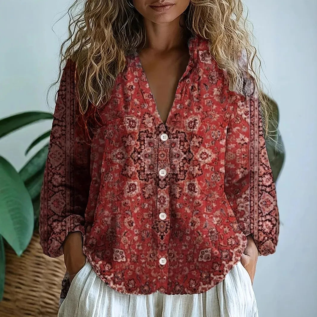 Alexine | Printed V-Neck Long Sleeve Blouse