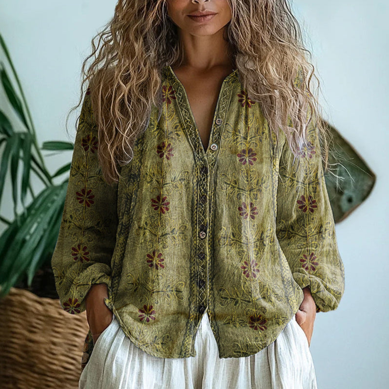 Alexine | Printed V-Neck Long Sleeve Blouse