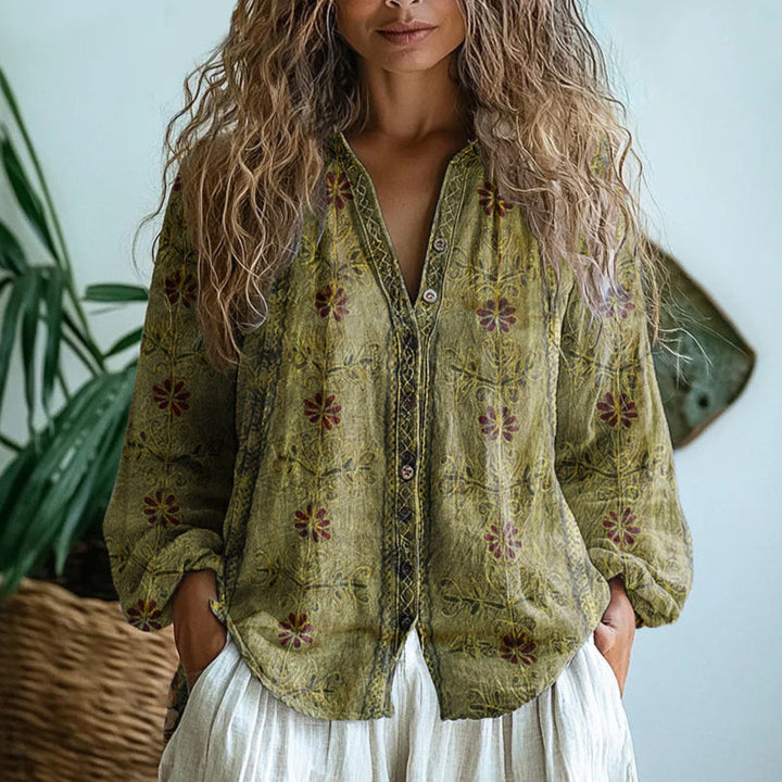 Alexine | Printed V-Neck Long Sleeve Blouse