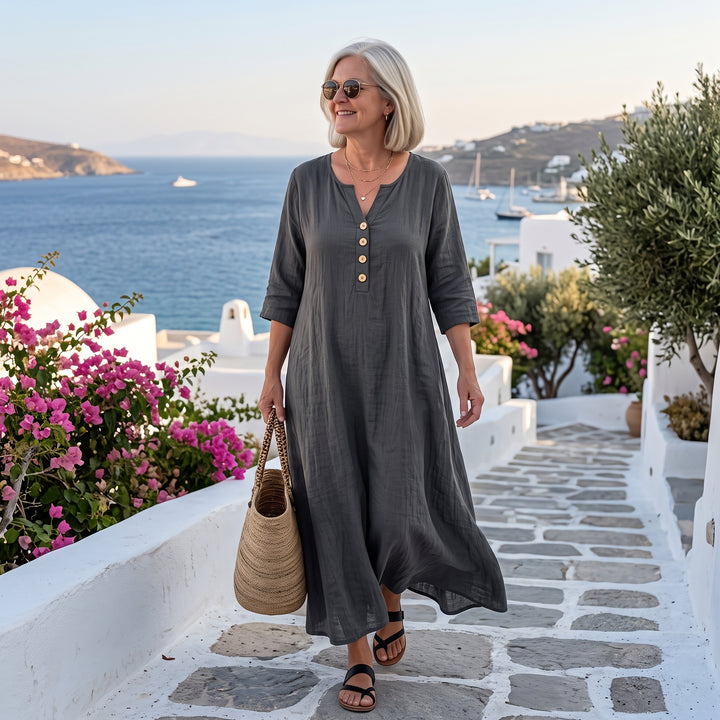 Catalina | Cotton Linen Buttoned Dress with 3/4 Sleeves, Loose Fit, Elegant
