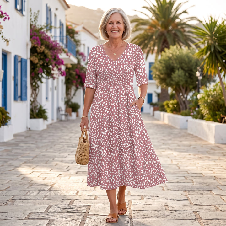 Colette | Elegant Tummy - Flattering Folka Dot Midi Dress