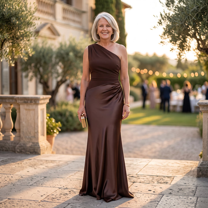 Anita™ | Elegant One Shoulder Neck Pleated Party Maxi Dress