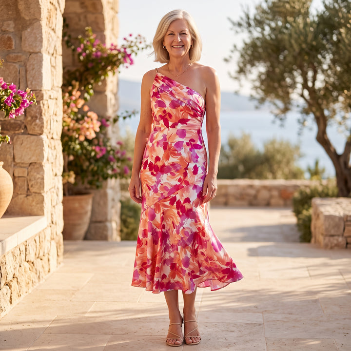 Kathy™ | Women’s Midi Dress with Asymmetrical Cut and Floral Pattern