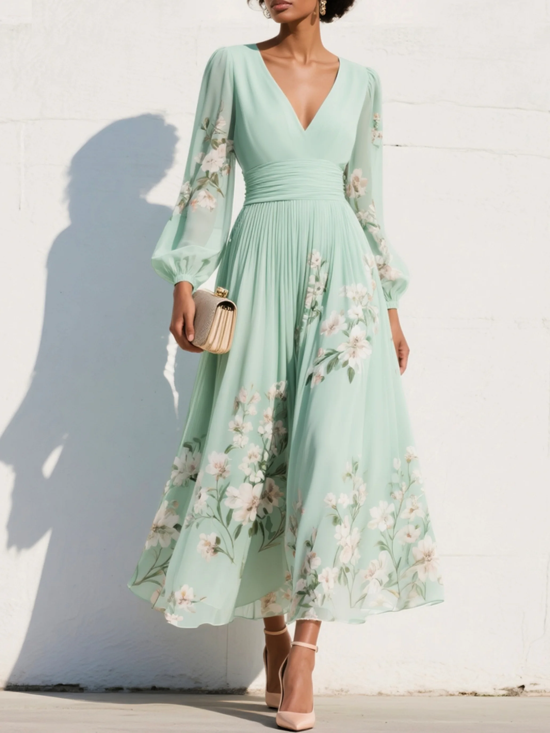 Nicole | V-Neck Chiffon Floral Midi Dress