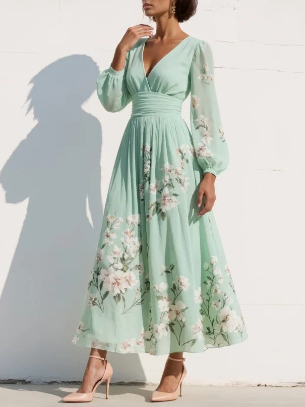Nicole | V-Neck Chiffon Floral Midi Dress