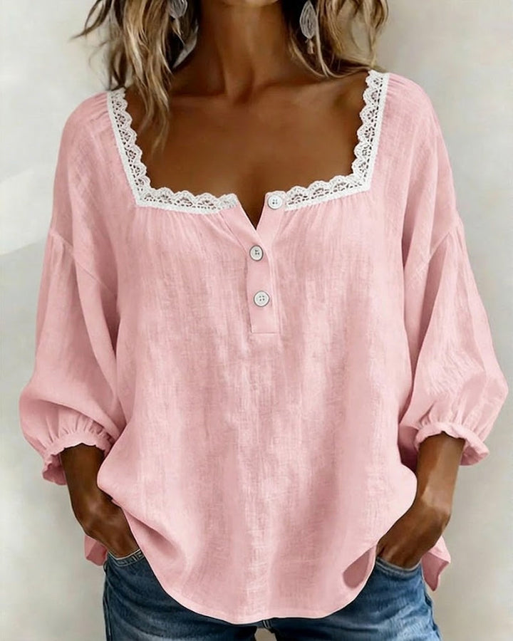 Rhonda | Square Neck Lace Blouse with Puff Sleeves