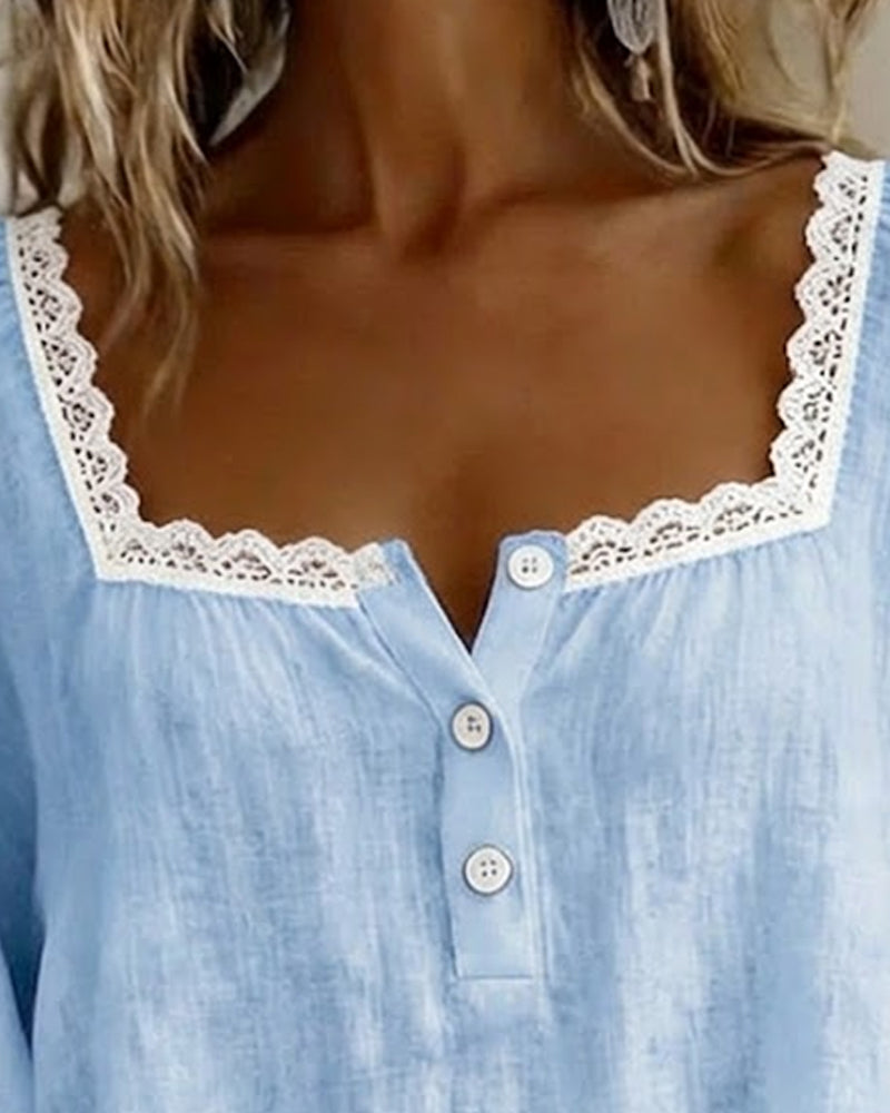 Rhonda | Square Neck Lace Blouse with Puff Sleeves