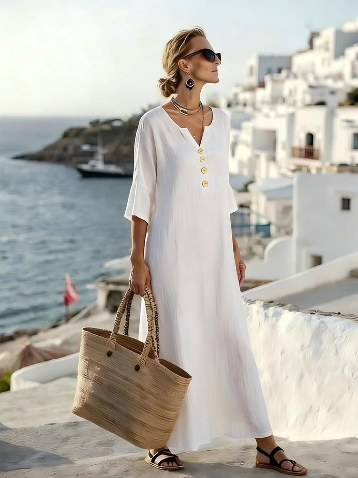 Catalina | Cotton Linen Buttoned Dress with 3/4 Sleeves, Loose Fit, Elegant
