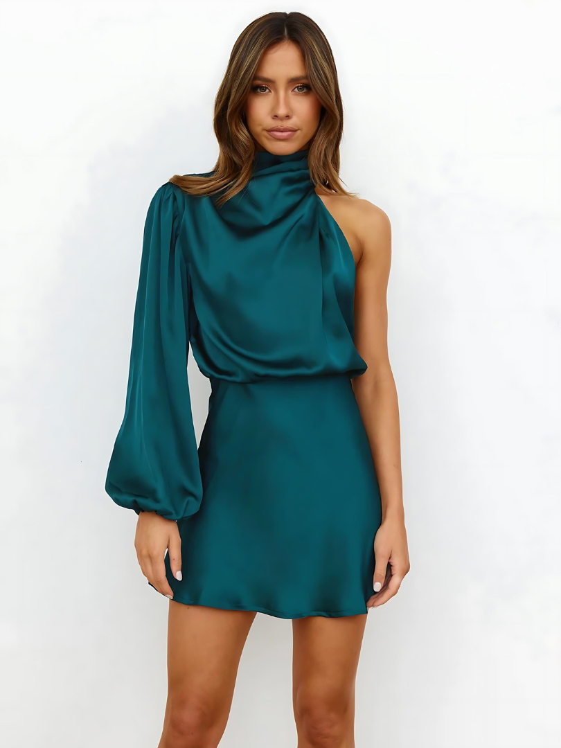 Women's One-Shoulder Mini Dress with Long Sleeve and Draped Neckline