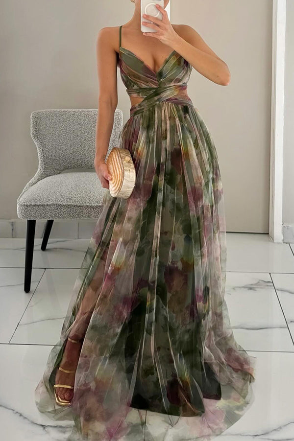 Women's Pleated Maxi Dress with Floral Pattern, Spaghetti Straps, and Wrap V-Neck