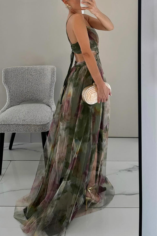 Women's Pleated Maxi Dress with Floral Pattern, Spaghetti Straps, and Wrap V-Neck