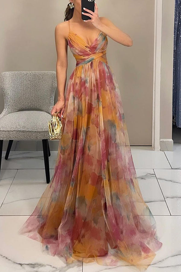 Women's Pleated Maxi Dress with Floral Pattern, Spaghetti Straps, and Wrap V-Neck