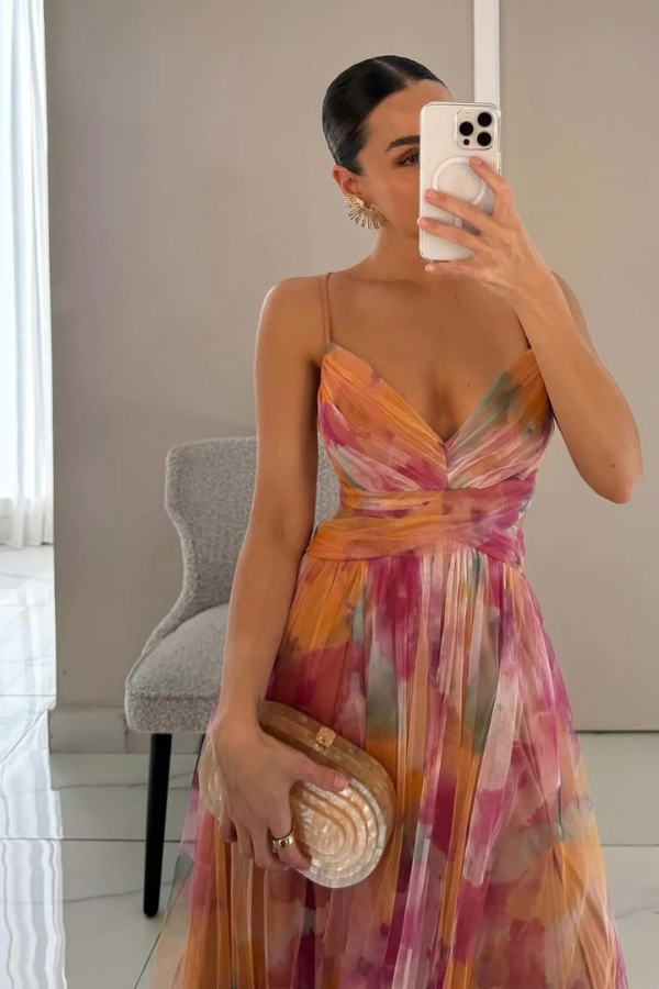 Women's Pleated Maxi Dress with Floral Pattern, Spaghetti Straps, and Wrap V-Neck