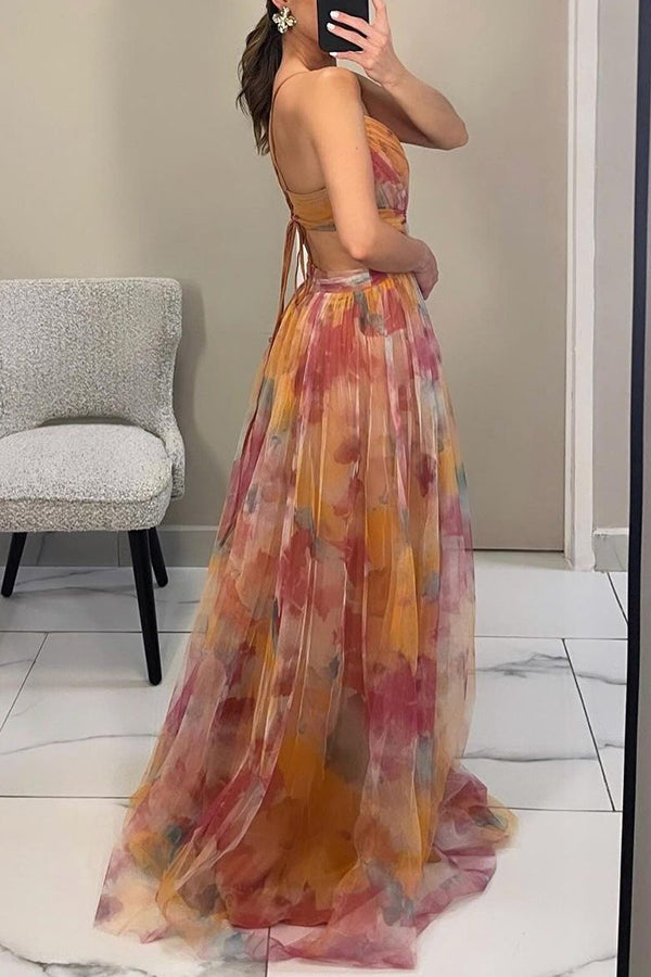 Women's Pleated Maxi Dress with Floral Pattern, Spaghetti Straps, and Wrap V-Neck