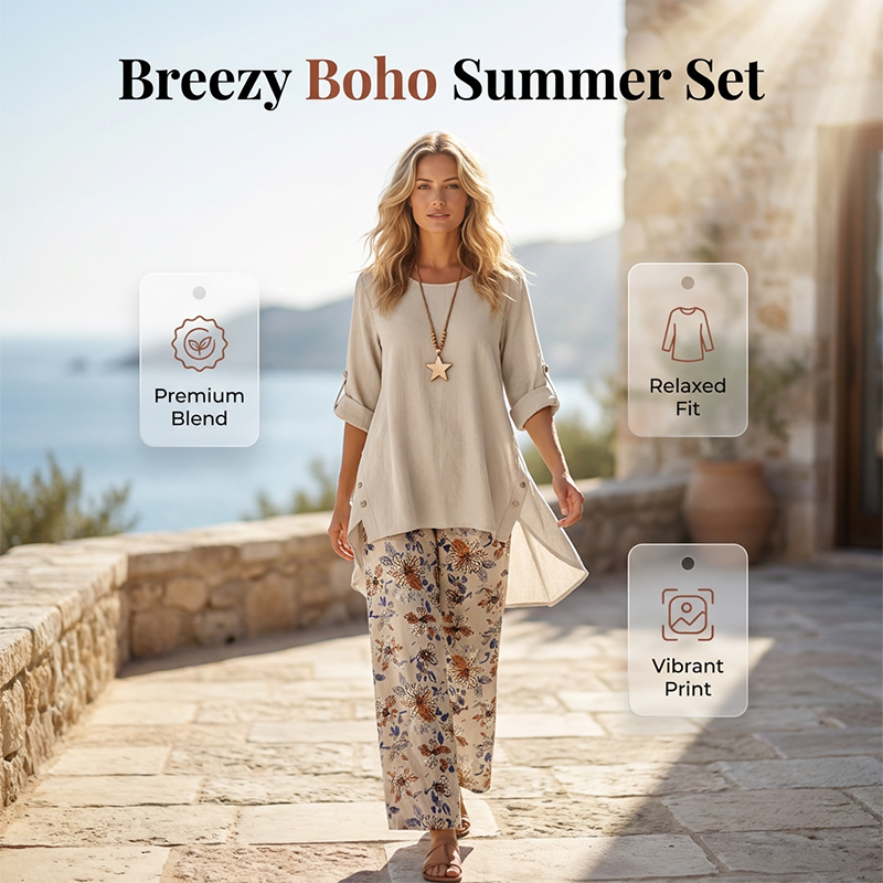 Clara | Cotton-Linen Set with Tunic and Floral Pants
