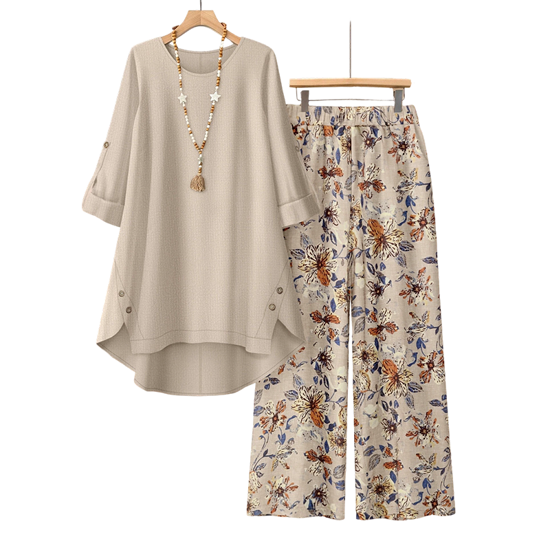 Clara | Cotton-Linen Set with Tunic and Floral Pants